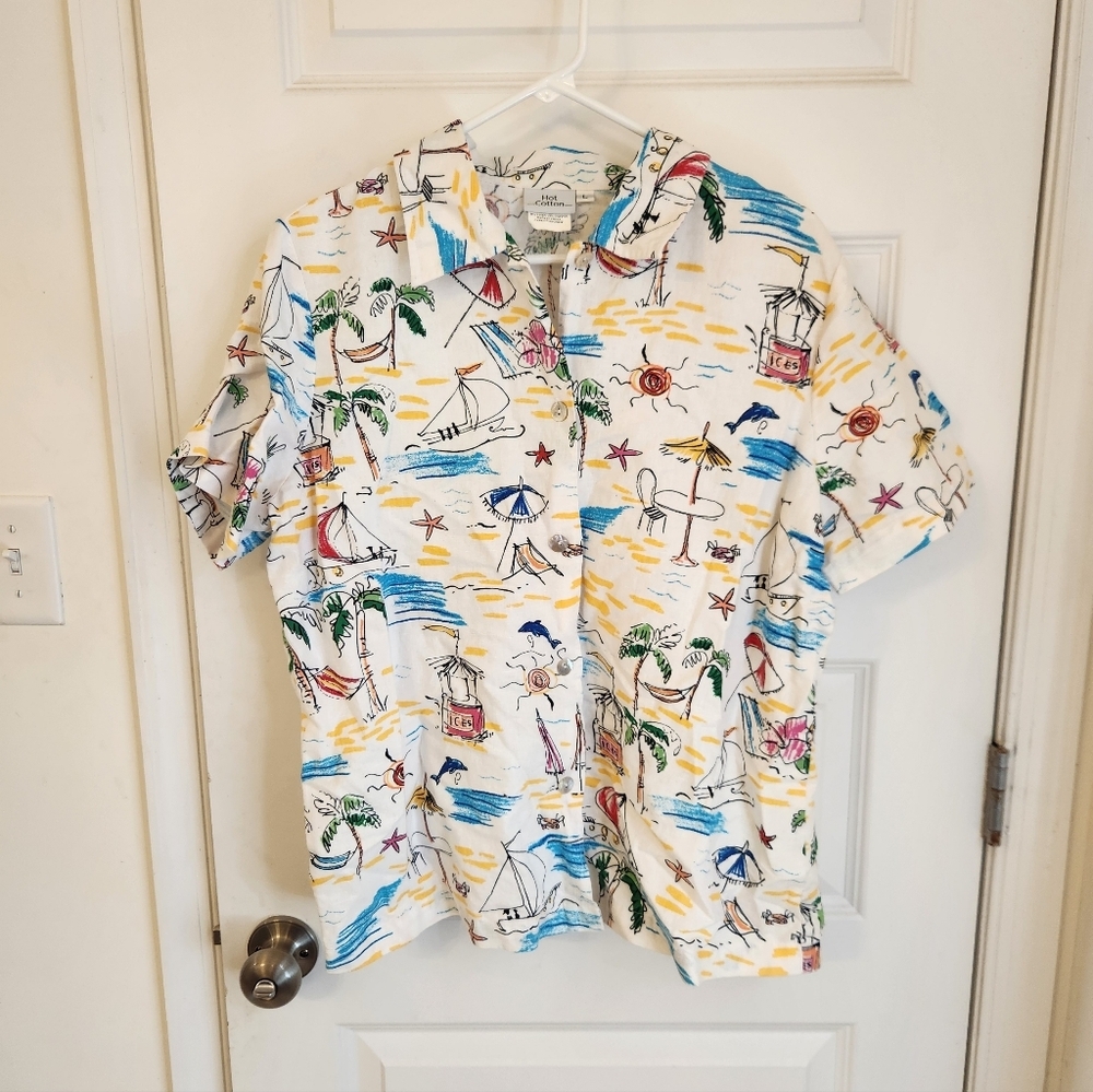 Vtg Unisex Hot Cotton Button Up Beach Short Sleeve Shirt Sz L White #M957
